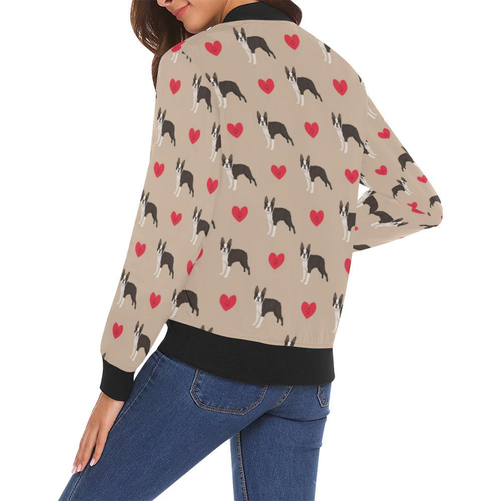 Boston Terrier Heart Paw Pattern Print Women Casual Bomber Jacket-grizzshop