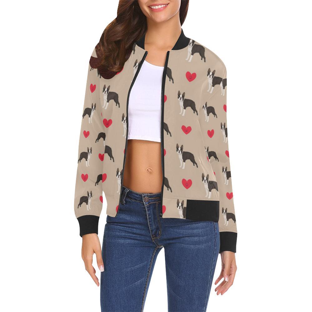 Boston Terrier Heart Paw Pattern Print Women Casual Bomber Jacket-grizzshop