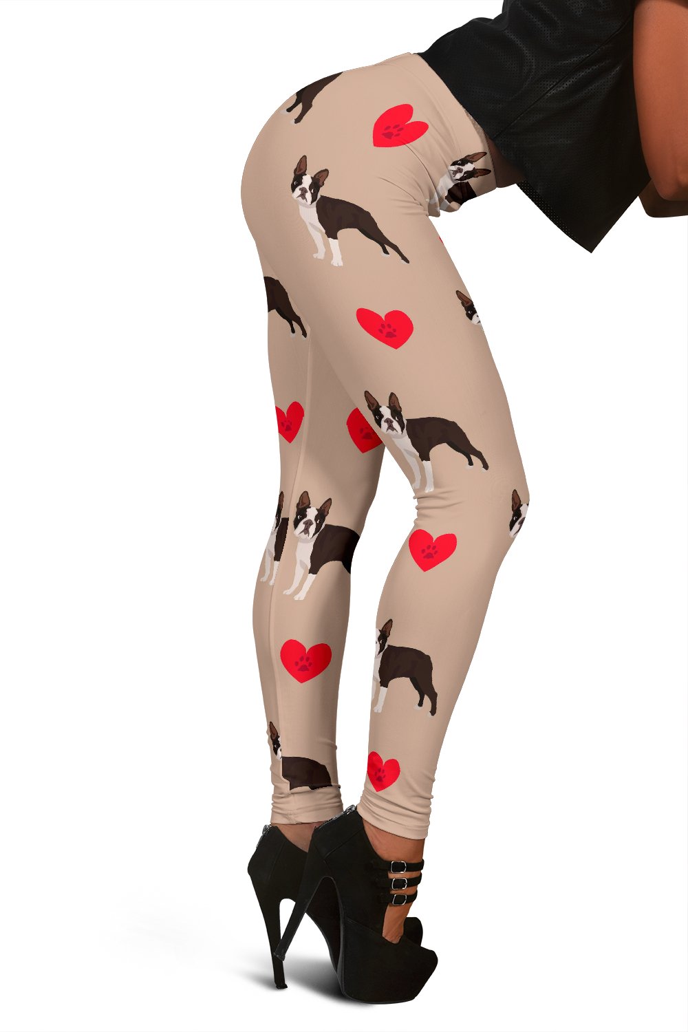 Boston Terrier Heart Paw Pattern Print Women Leggings-grizzshop