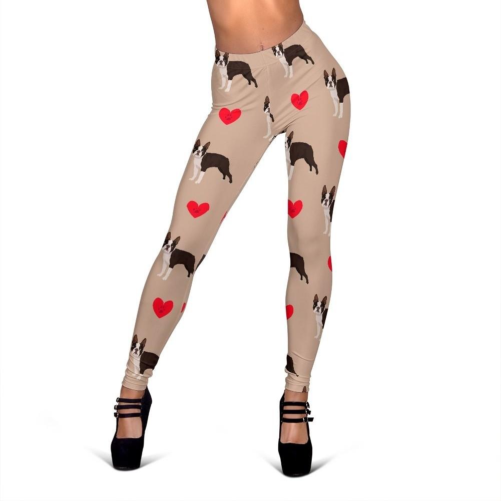 Boston Terrier Heart Paw Pattern Print Women Leggings-grizzshop