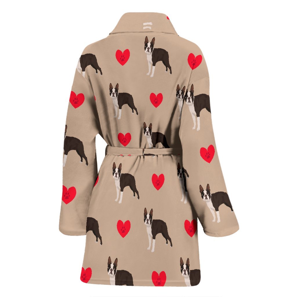 Boston Terrier Heart Paw Pattern Print Women Long Robe-grizzshop