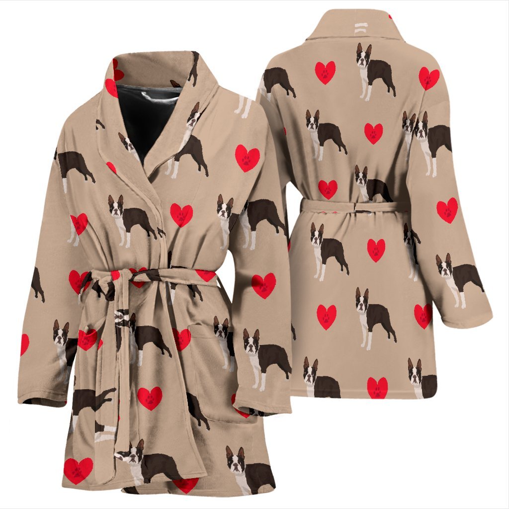 Boston Terrier Heart Paw Pattern Print Women Long Robe-grizzshop