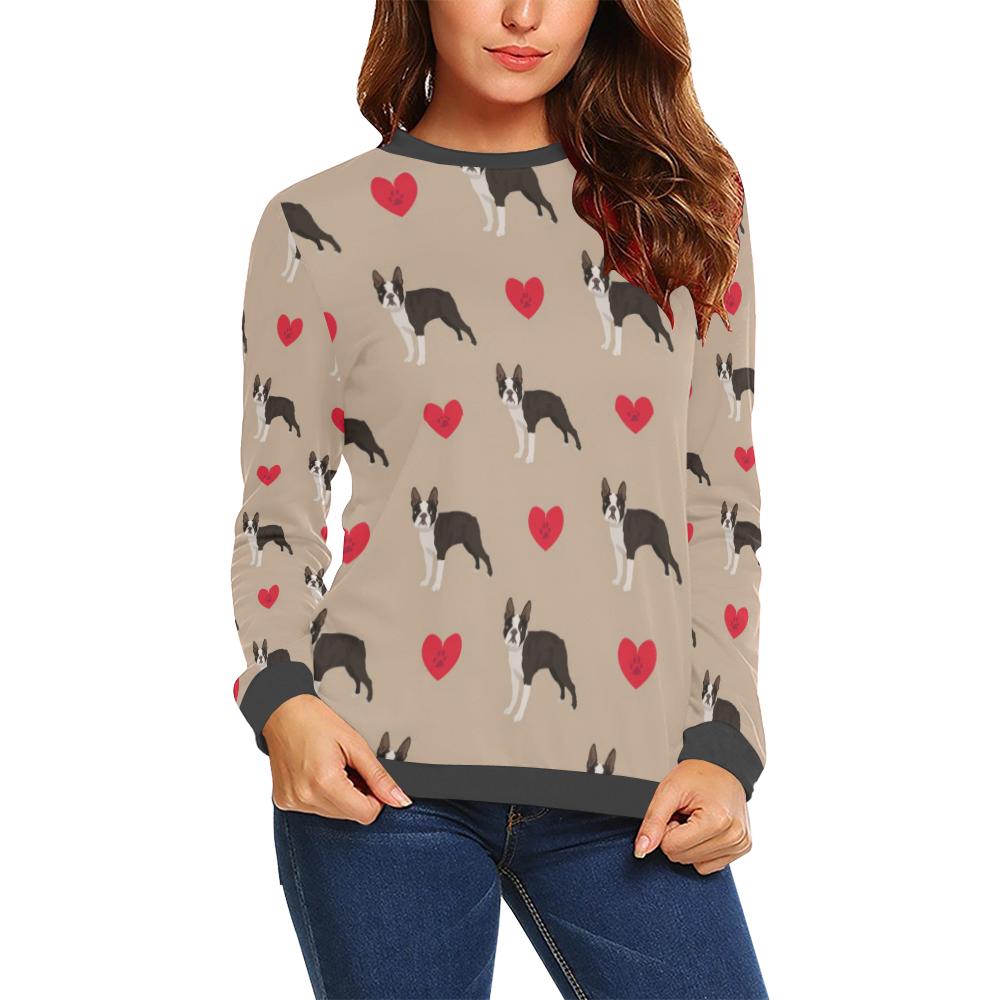 Boston Terrier Heart Paw Pattern Print Women's Sweatshirt-grizzshop