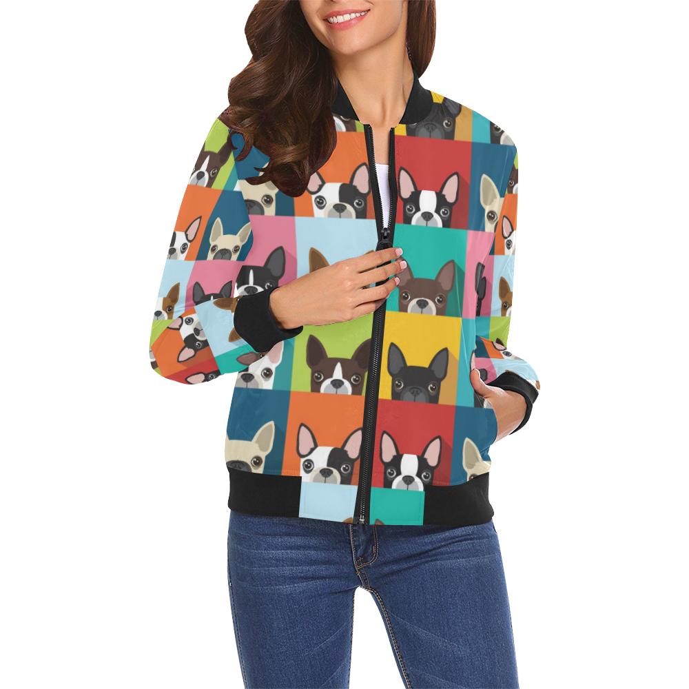 Boston Terrier Pattern Print Women Casual Bomber Jacket-grizzshop