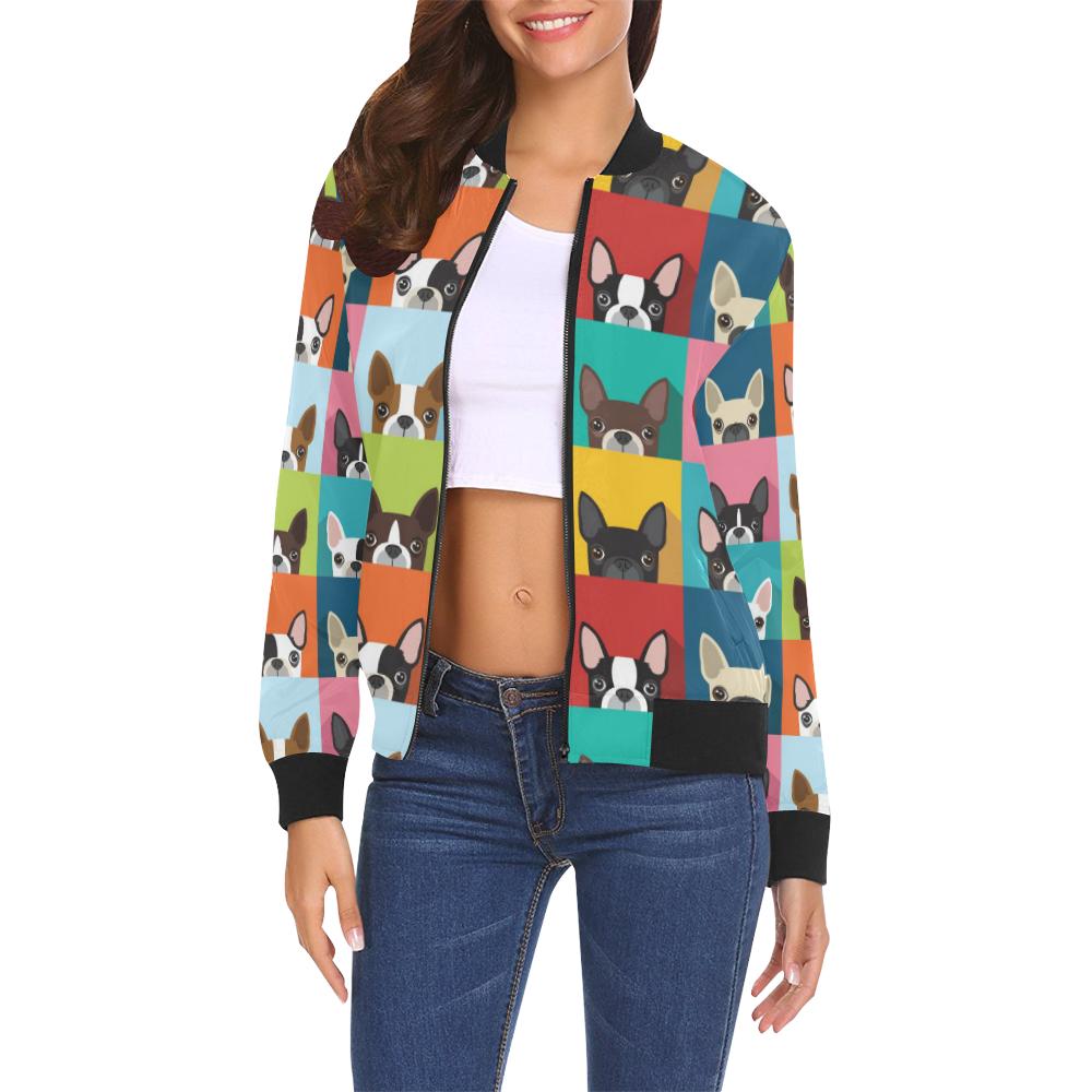 Boston Terrier Pattern Print Women Casual Bomber Jacket-grizzshop