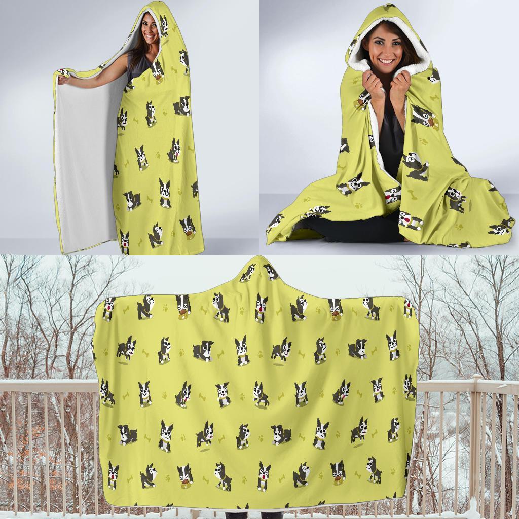 Boston Terrier Paw Pattern Print Hooded Blanket-grizzshop