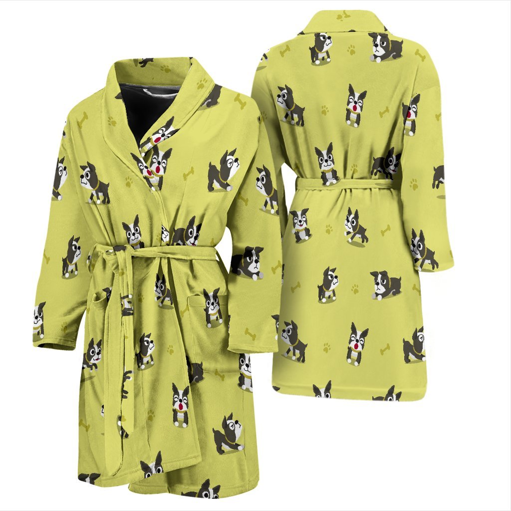 Boston Terrier Paw Pattern Print Men Long Robe-grizzshop