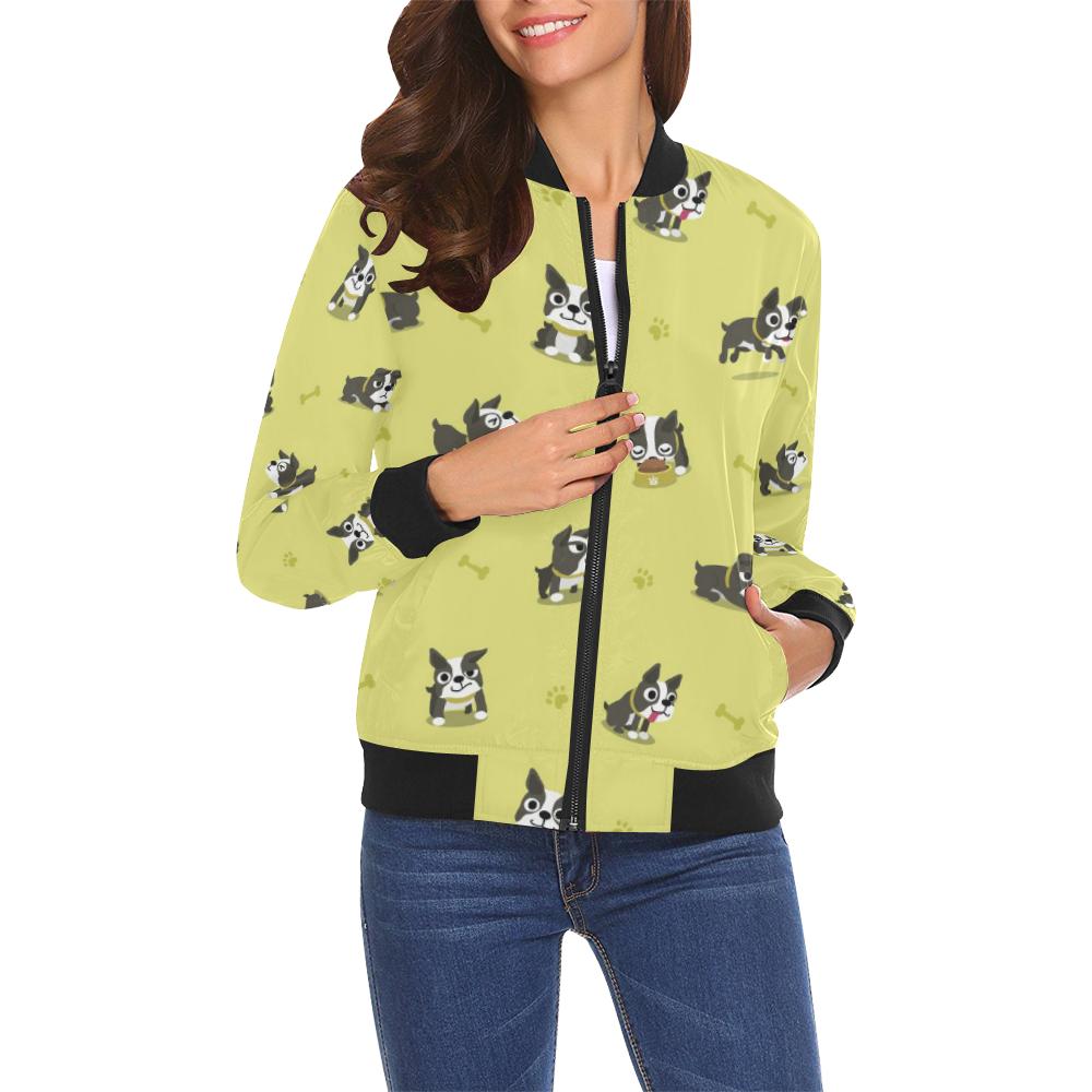 Boston Terrier Paw Pattern Print Women Casual Bomber Jacket-grizzshop
