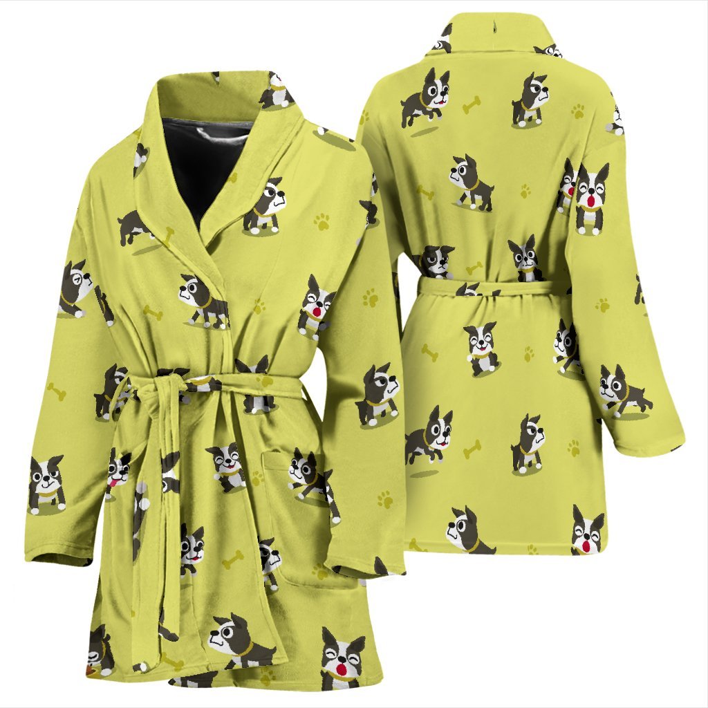 Boston Terrier Paw Pattern Print Women Long Robe-grizzshop