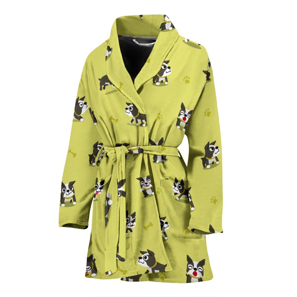 Boston Terrier Paw Pattern Print Women Long Robe-grizzshop