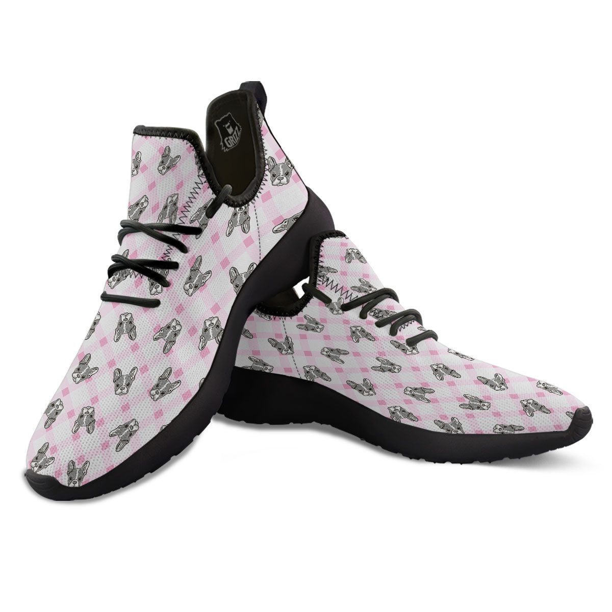 Boston Terrier Pink Plaid Print Pattern Black Athletic Shoes-grizzshop