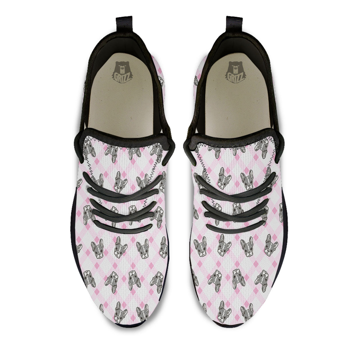 Boston Terrier Pink Plaid Print Pattern Black Athletic Shoes-grizzshop