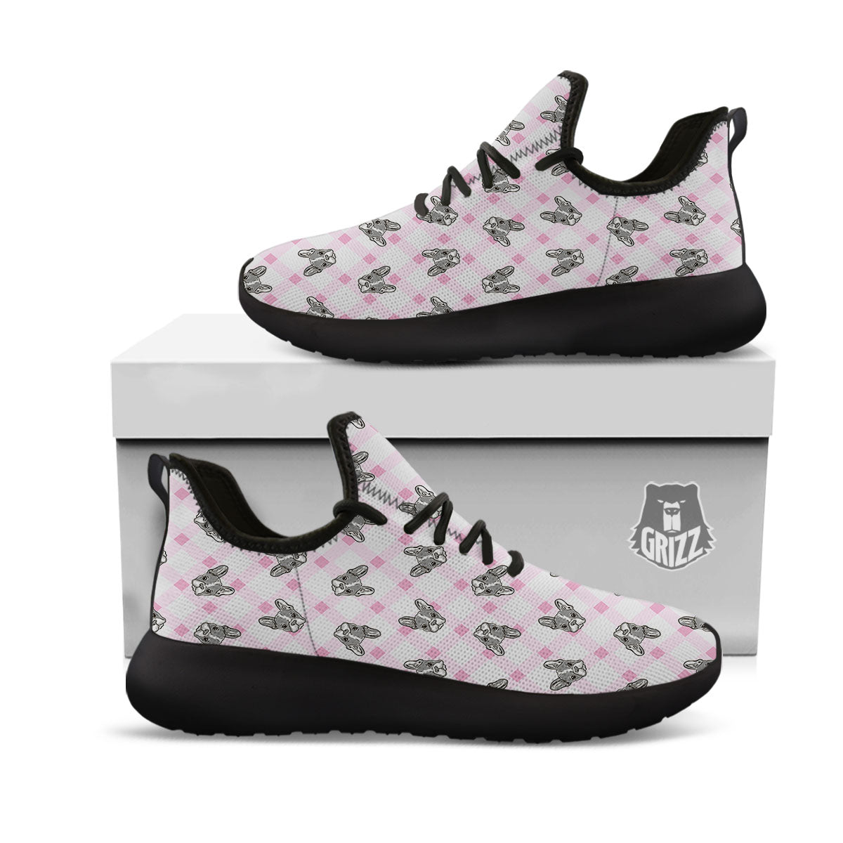 Boston Terrier Pink Plaid Print Pattern Black Athletic Shoes-grizzshop