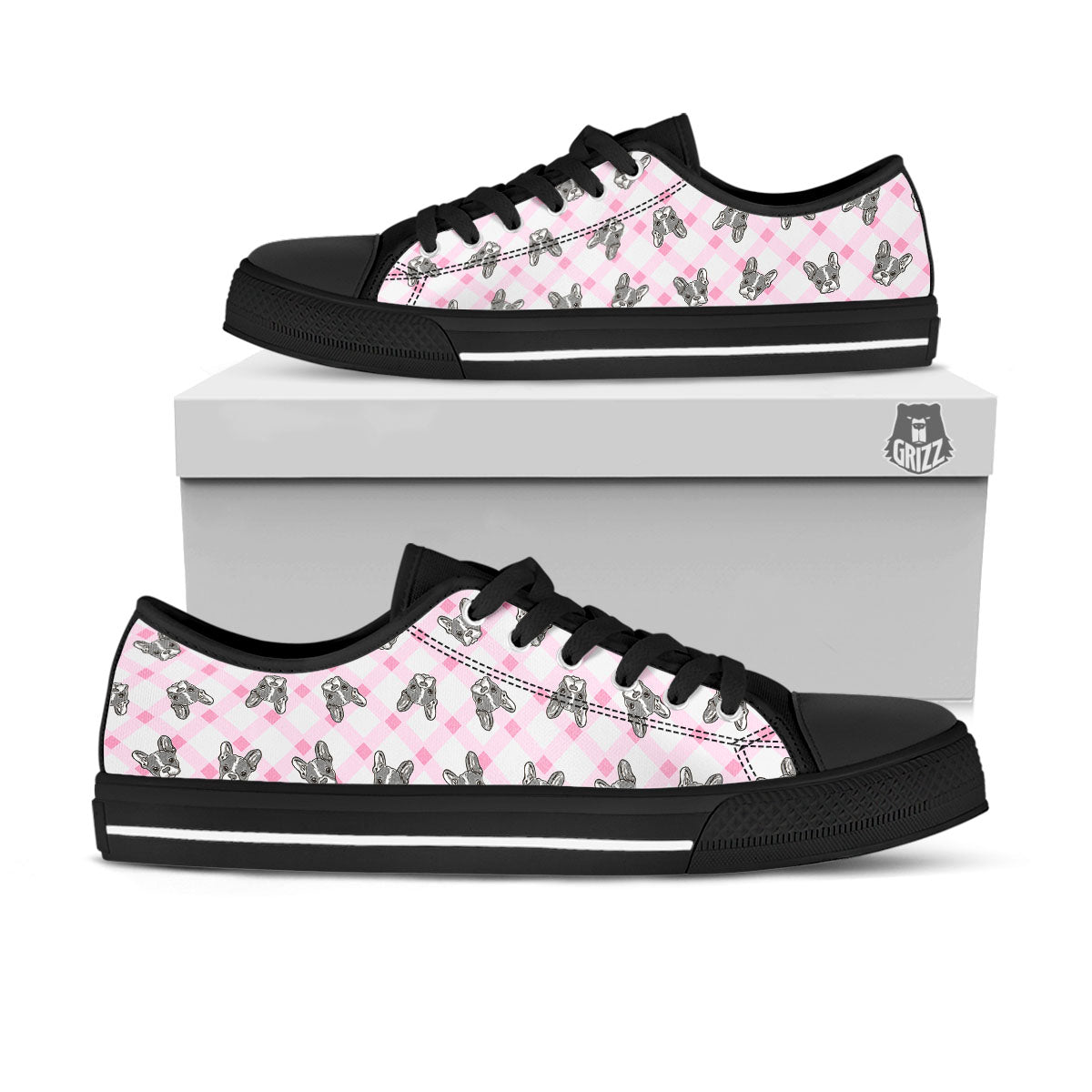 Boston Terrier Pink Plaid Print Pattern Black Low Top Shoes-grizzshop