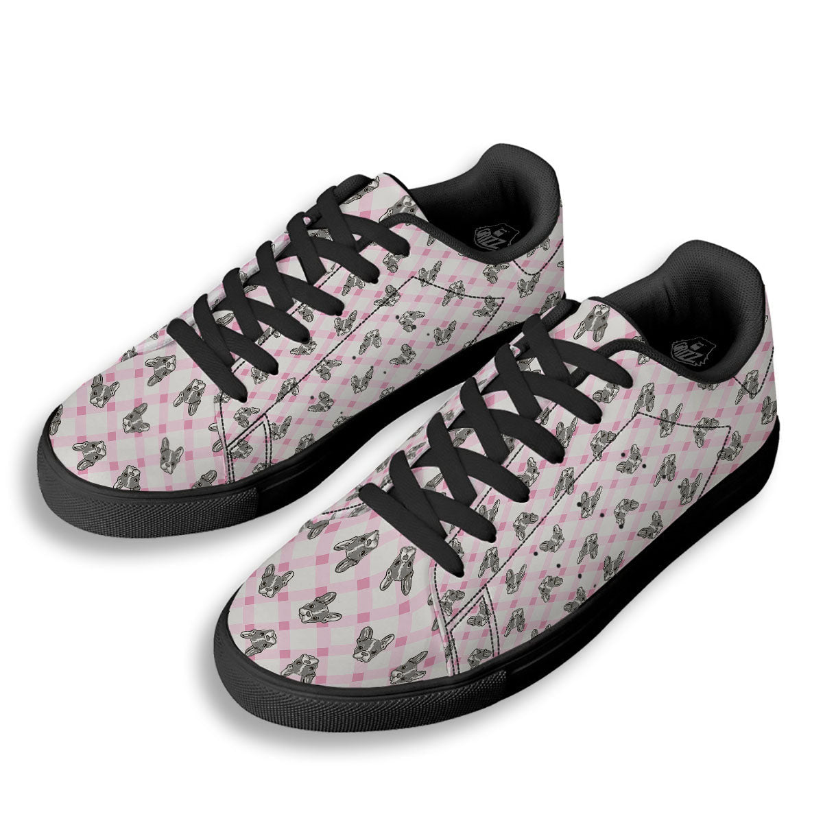 Boston Terrier Pink Plaid Print Pattern Black Low Top Sneakers-grizzshop
