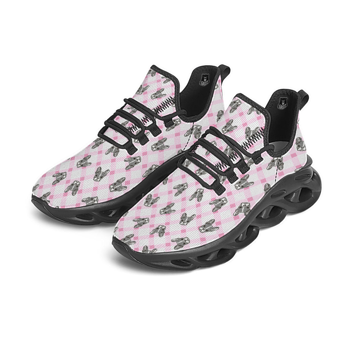 Boston Terrier Pink Plaid Print Pattern Black Running Shoes-grizzshop