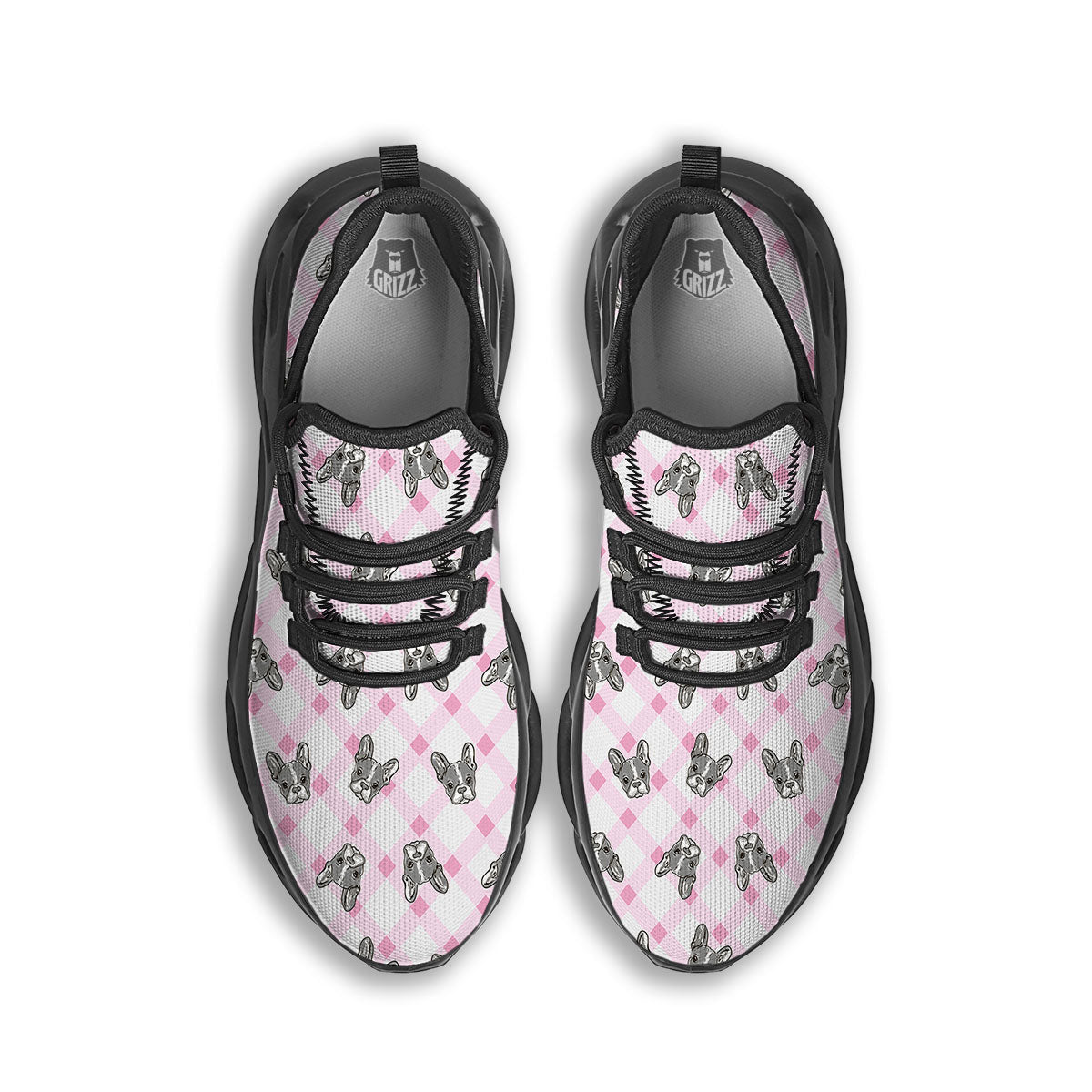 Boston Terrier Pink Plaid Print Pattern Black Running Shoes-grizzshop