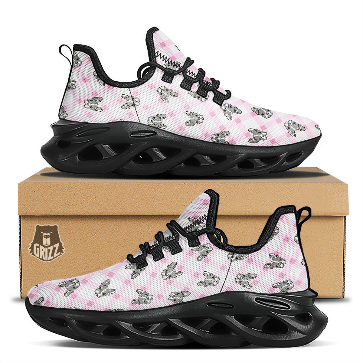 Boston Terrier Pink Plaid Print Pattern Black Running Shoes-grizzshop