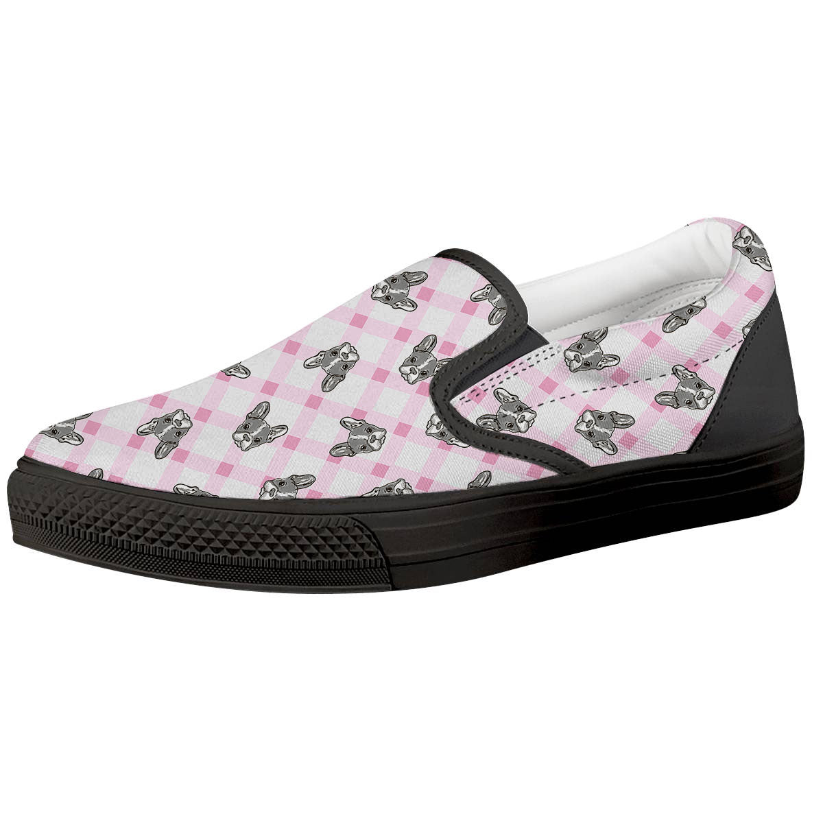 Boston Terrier Pink Plaid Print Pattern Black Slip On Shoes-grizzshop