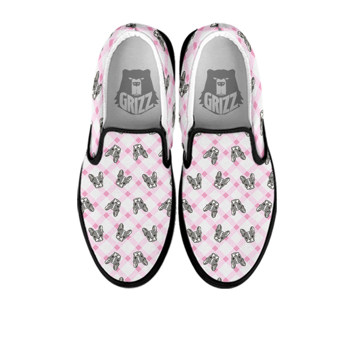 Boston Terrier Pink Plaid Print Pattern Black Slip On Shoes-grizzshop
