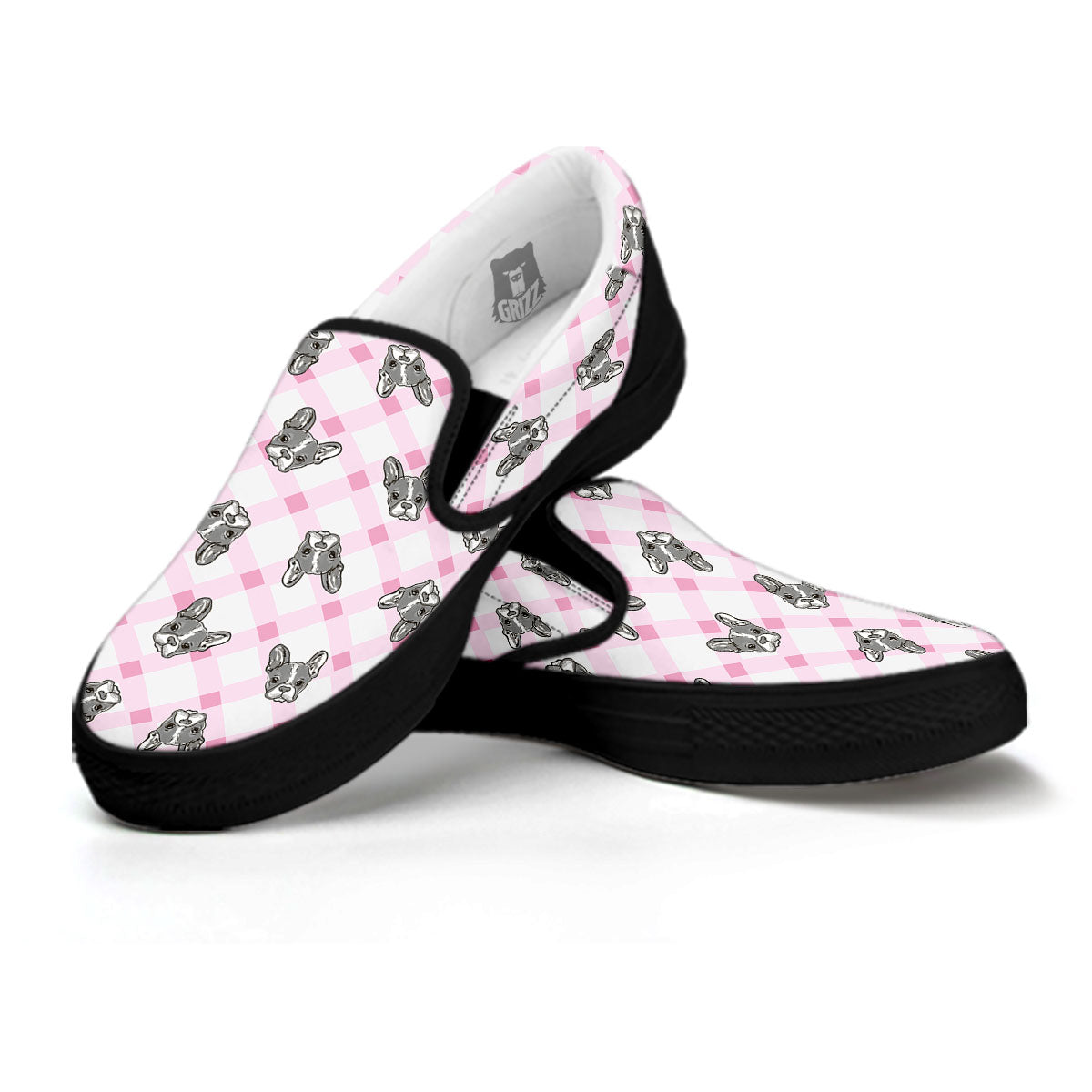 Boston Terrier Pink Plaid Print Pattern Black Slip On Shoes-grizzshop
