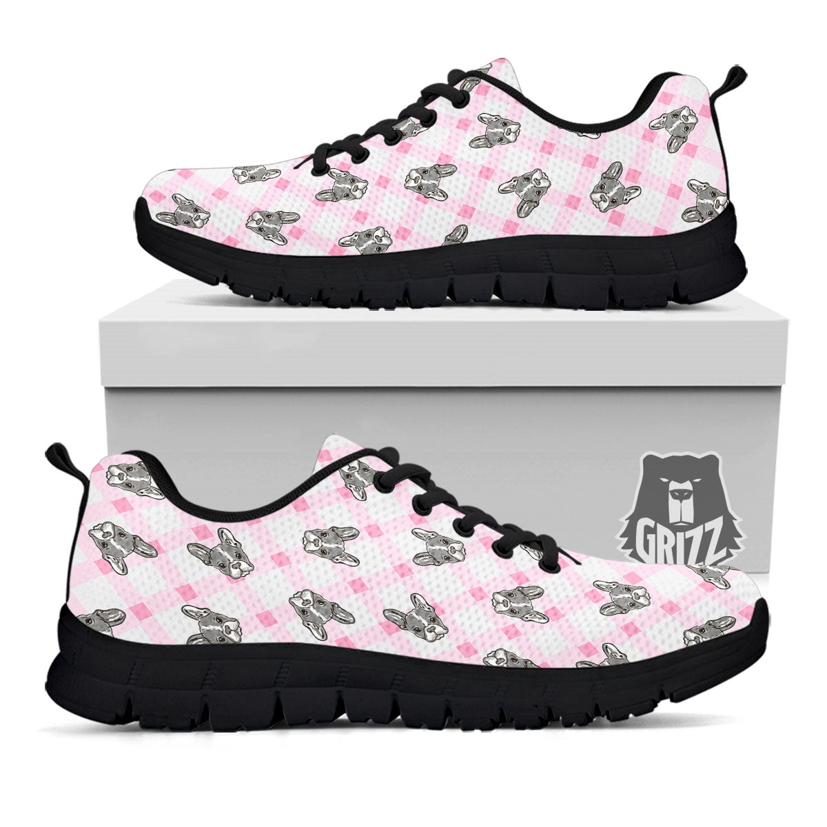 Boston Terrier Pink Plaid Print Pattern Black Sneaker-grizzshop