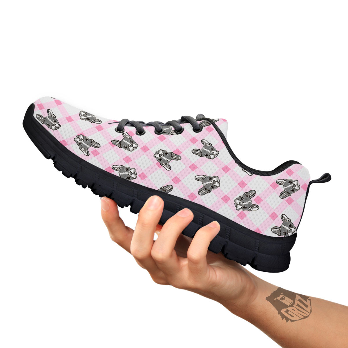 Boston Terrier Pink Plaid Print Pattern Black Sneaker-grizzshop