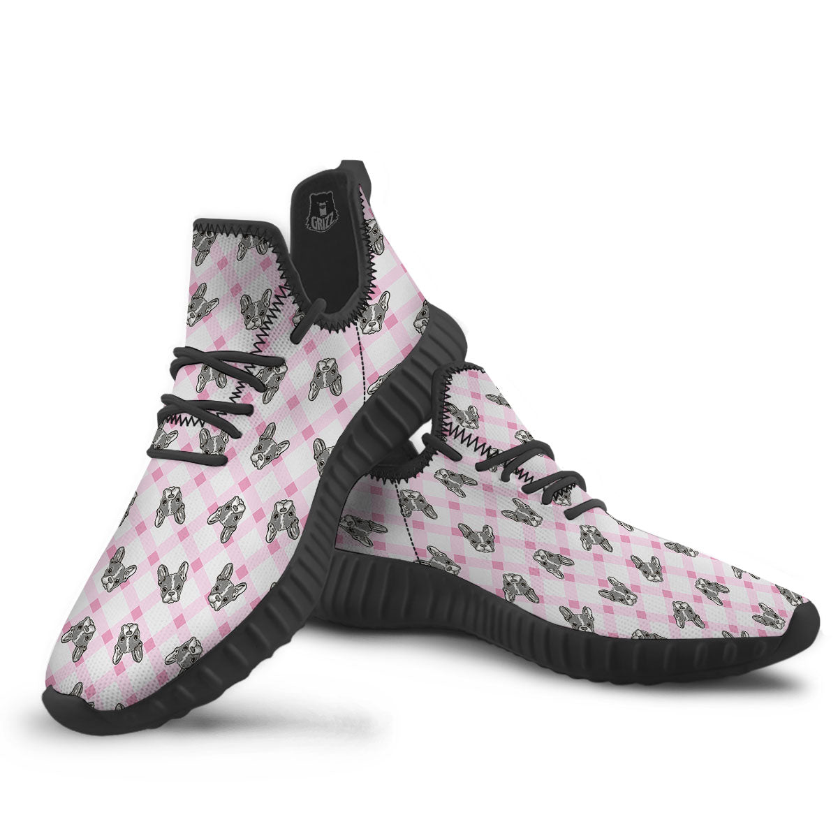 Boston Terrier Pink Plaid Print Pattern Black Walking Shoes-grizzshop