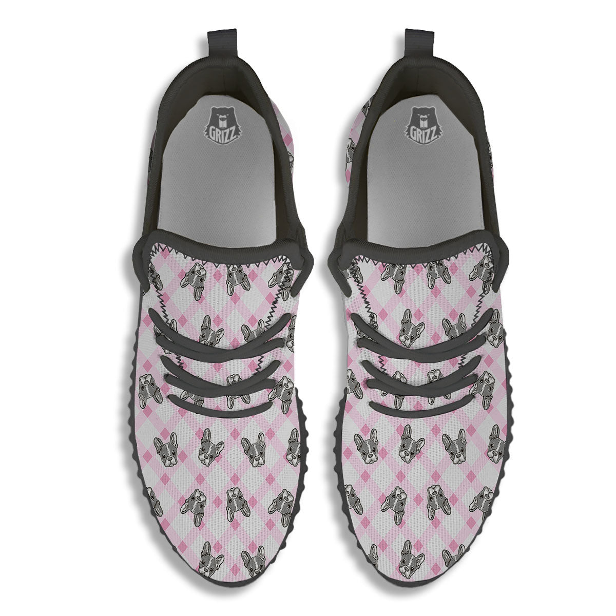 Boston Terrier Pink Plaid Print Pattern Black Walking Shoes-grizzshop
