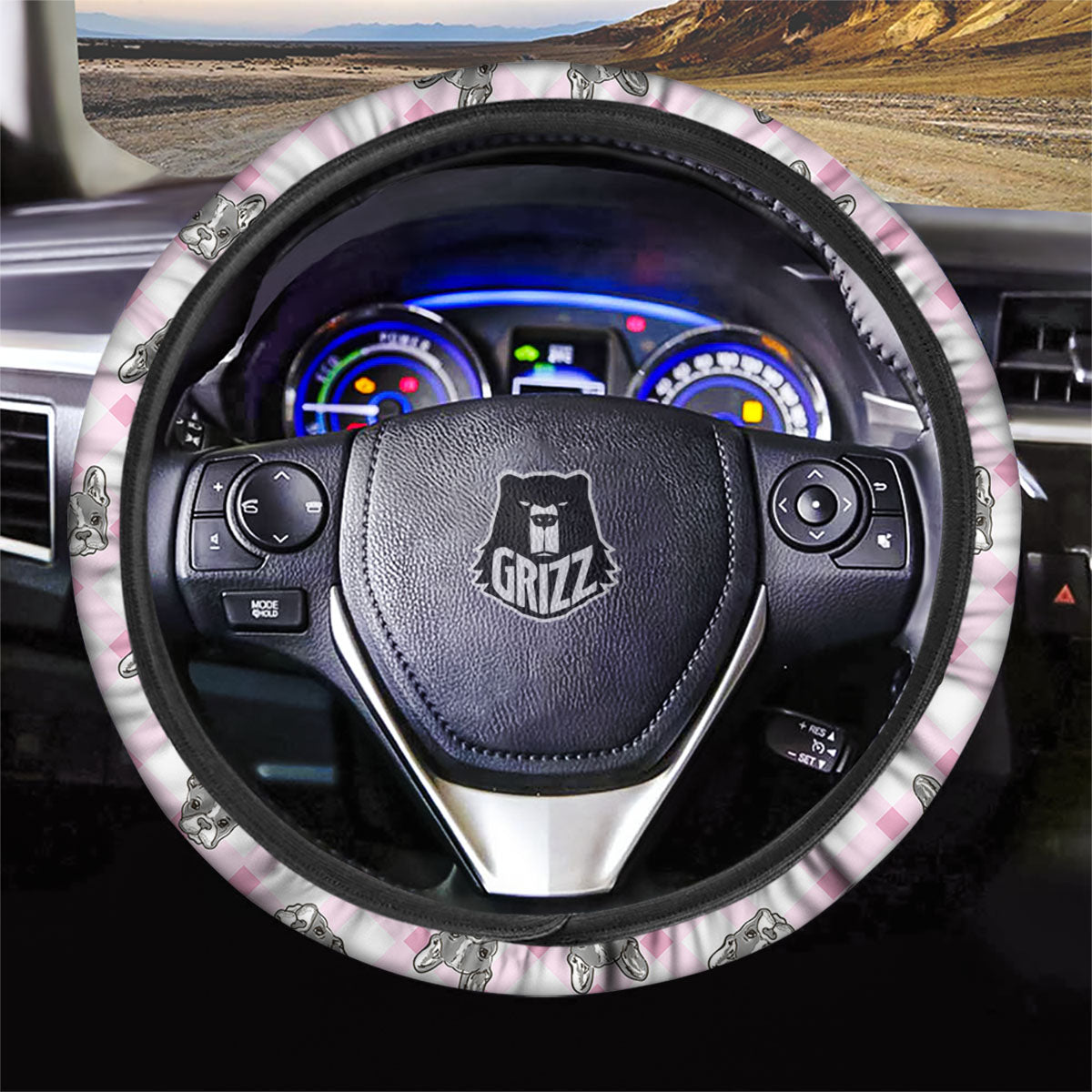 Boston Terrier Pink Plaid Print Pattern Car Steering Wheel Cover-grizzshop
