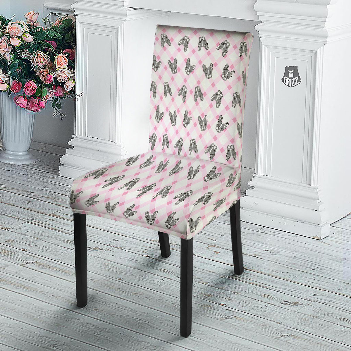 Boston Terrier Pink Plaid Print Pattern Dining Chair Slipcover-grizzshop