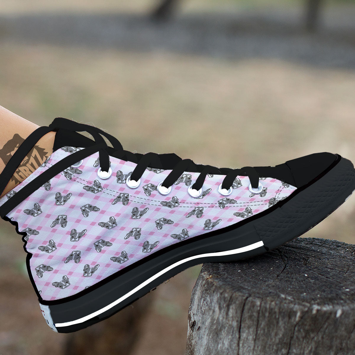 Boston Terrier Pink Plaid Print Pattern High Top Shoes-grizzshop