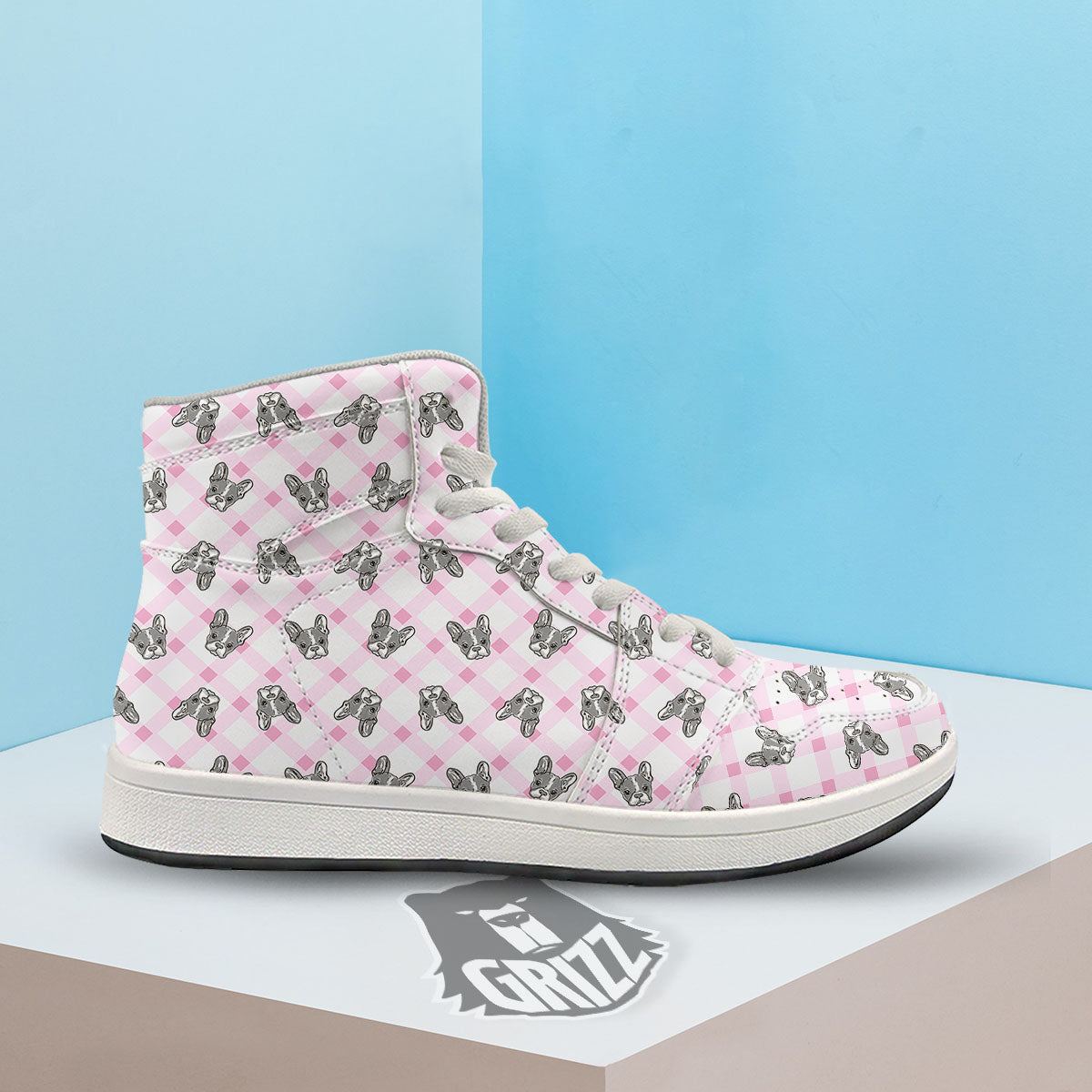 Boston Terrier Pink Plaid Print Pattern High Top Sneakers-grizzshop
