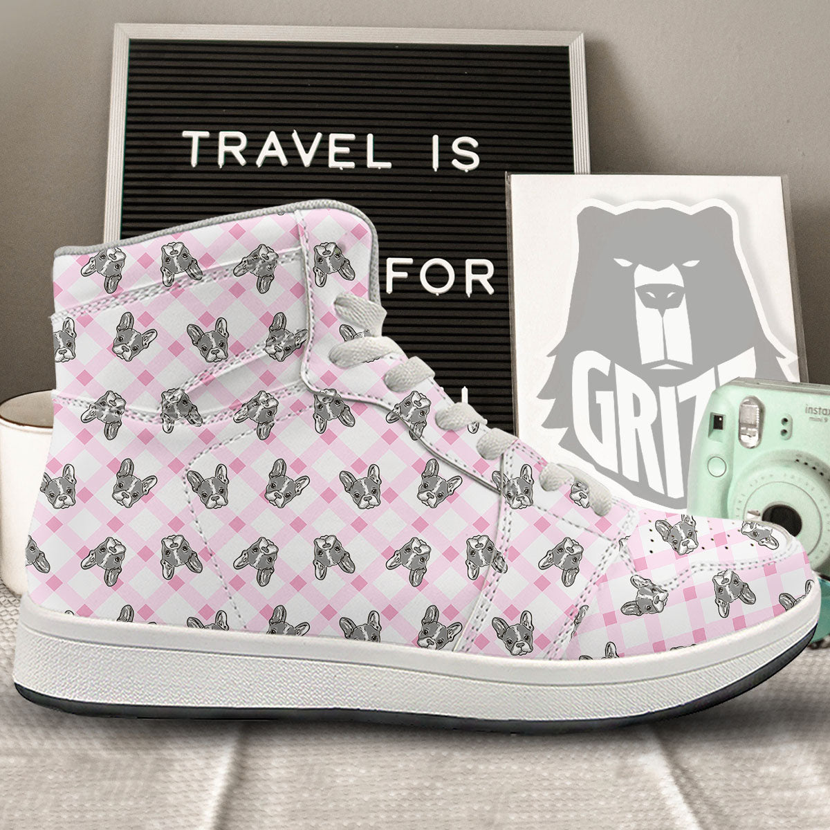Boston Terrier Pink Plaid Print Pattern High Top Sneakers-grizzshop