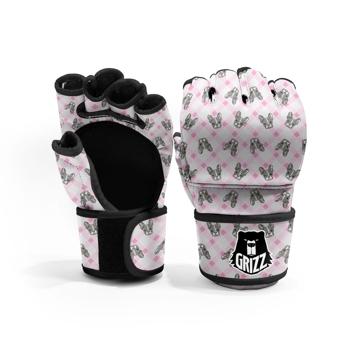 Boston Terrier Pink Plaid Print Pattern MMA Gloves-grizzshop