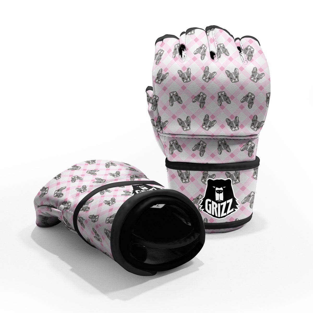 Boston Terrier Pink Plaid Print Pattern MMA Gloves-grizzshop