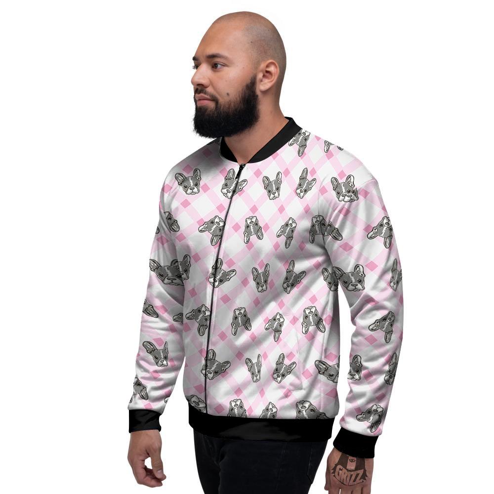 Boston Terrier Pink Plaid Print Pattern Men's Bomber Jacket-grizzshop