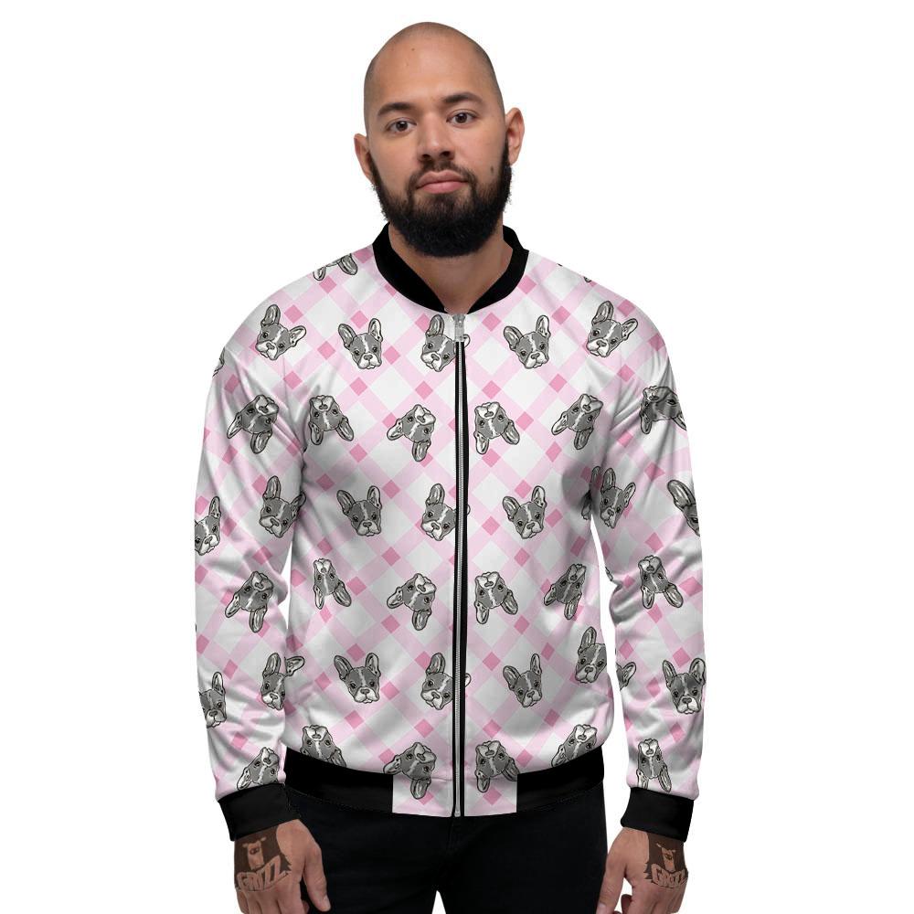 Boston Terrier Pink Plaid Print Pattern Men's Bomber Jacket-grizzshop