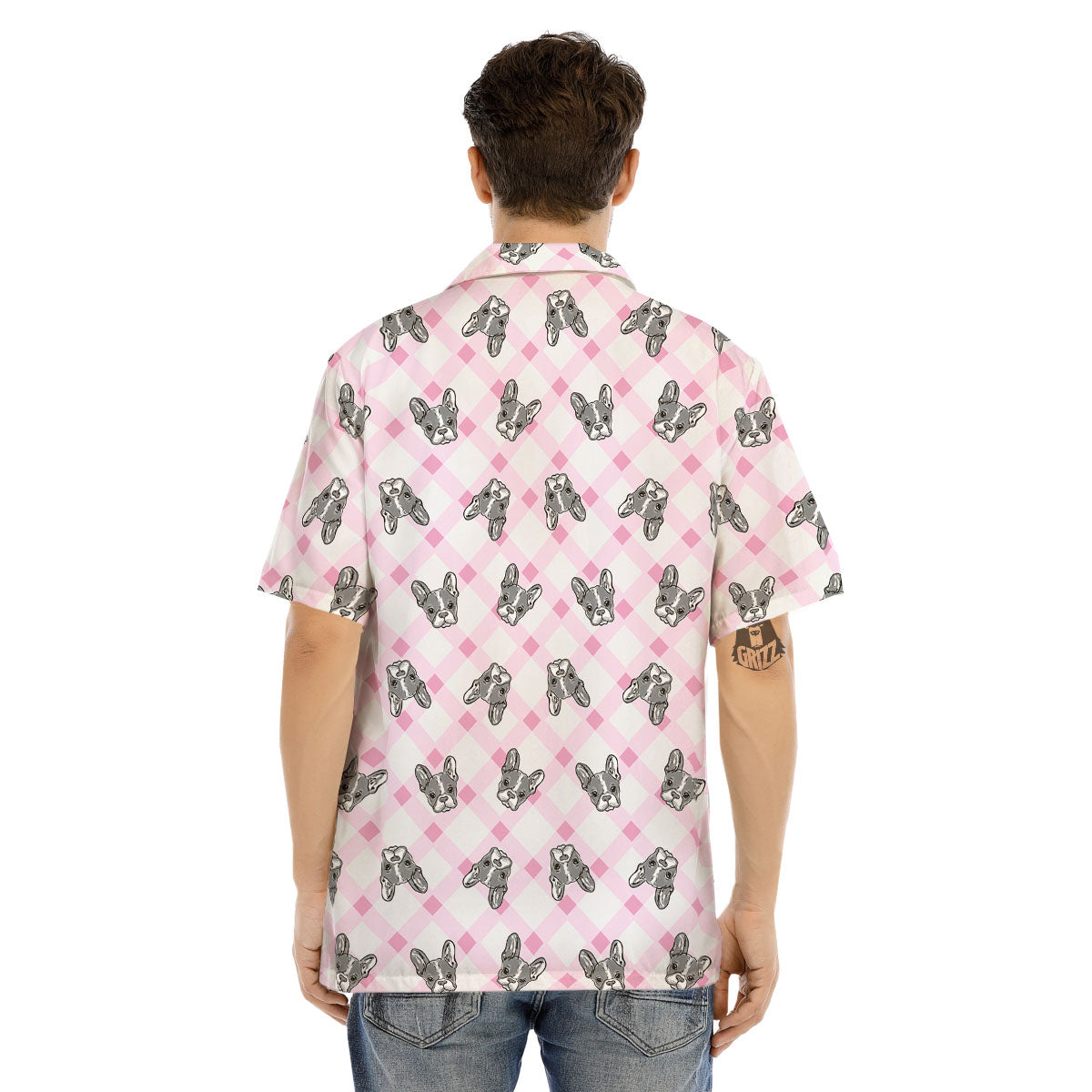 Boston Terrier Pink Plaid Print Pattern Men's Hawaiian Shirt-grizzshop