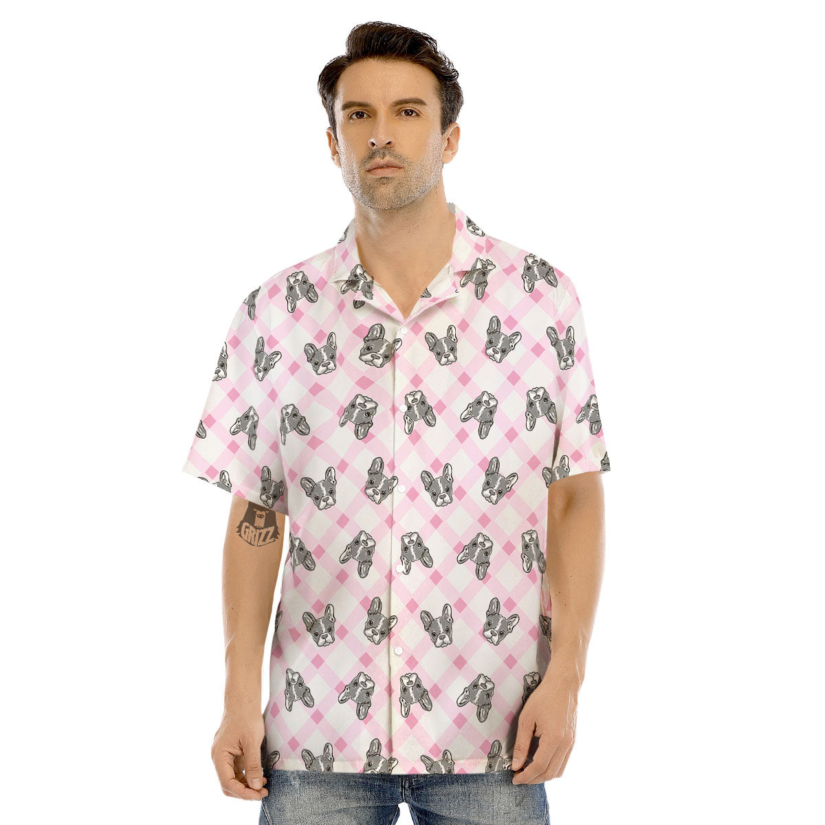 Boston Terrier Pink Plaid Print Pattern Men's Hawaiian Shirt-grizzshop