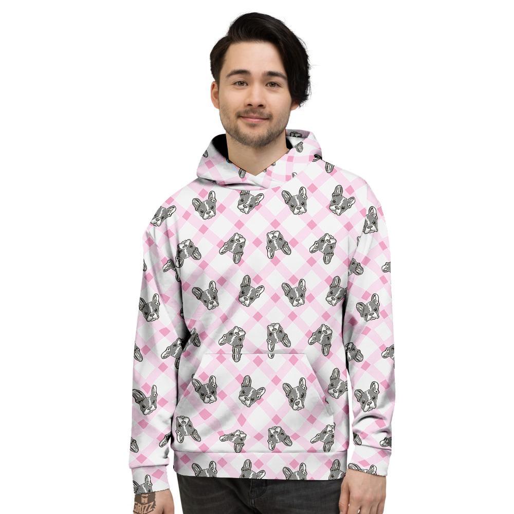 Boston Terrier Pink Plaid Print Pattern Men's Hoodie-grizzshop