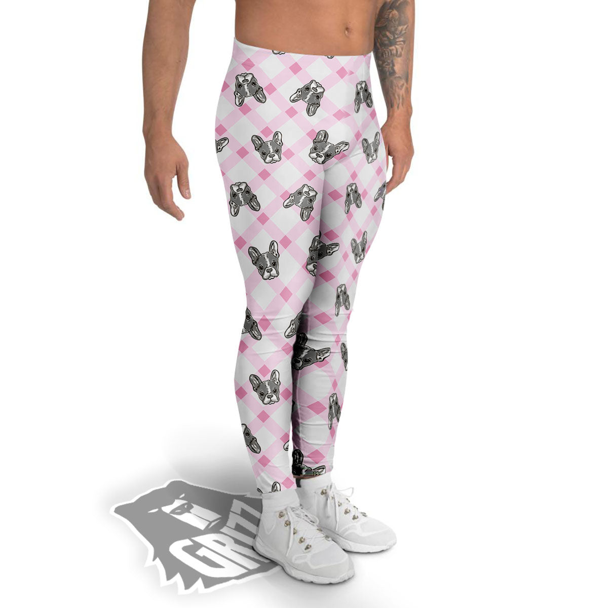 Boston Terrier Pink Plaid Print Pattern Men's Leggings-grizzshop