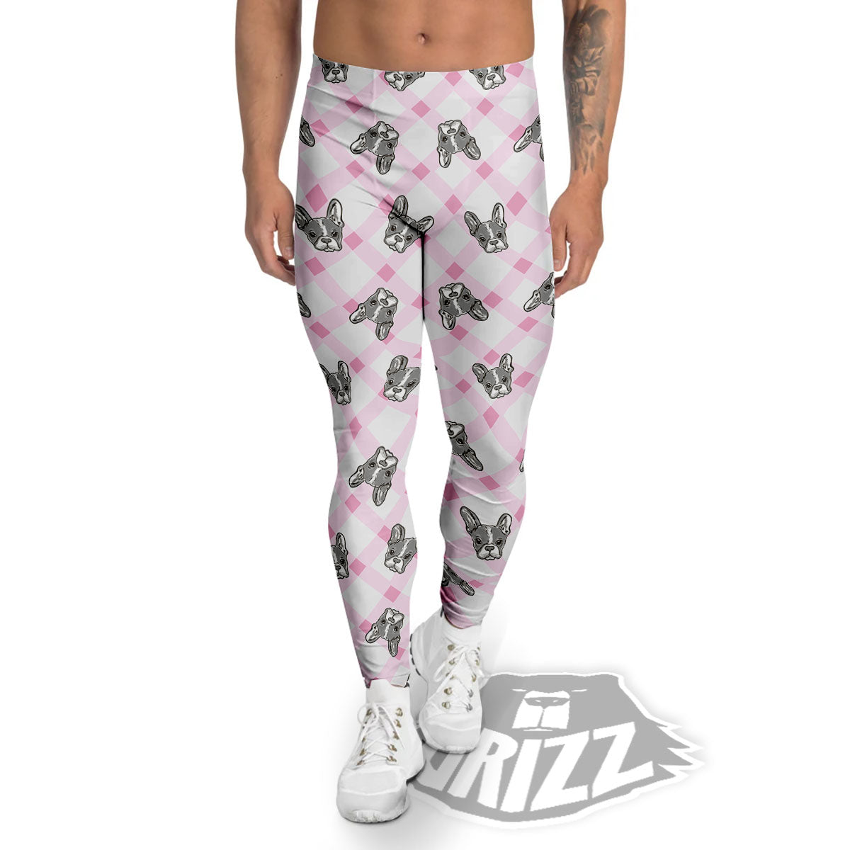Boston Terrier Pink Plaid Print Pattern Men's Leggings-grizzshop