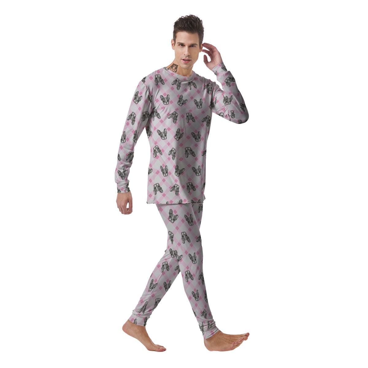 Boston Terrier Pink Plaid Print Pattern Men's Pajamas-grizzshop