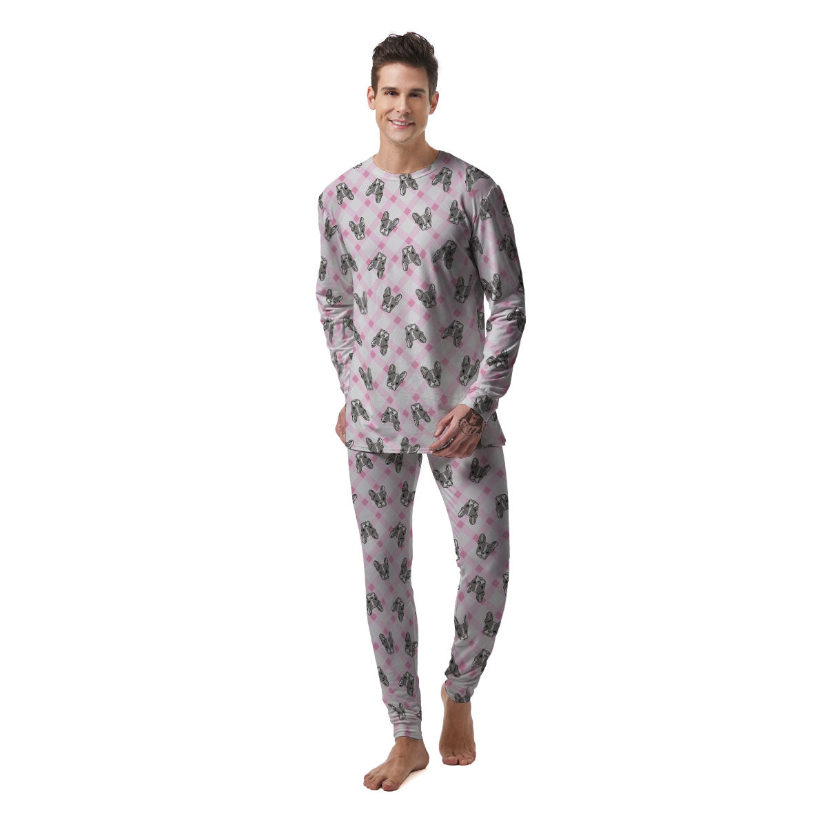 Boston Terrier Pink Plaid Print Pattern Men's Pajamas-grizzshop