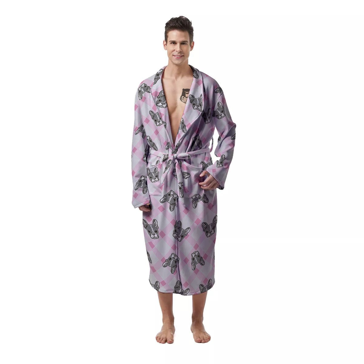 Boston Terrier Pink Plaid Print Pattern Men's Robe-grizzshop