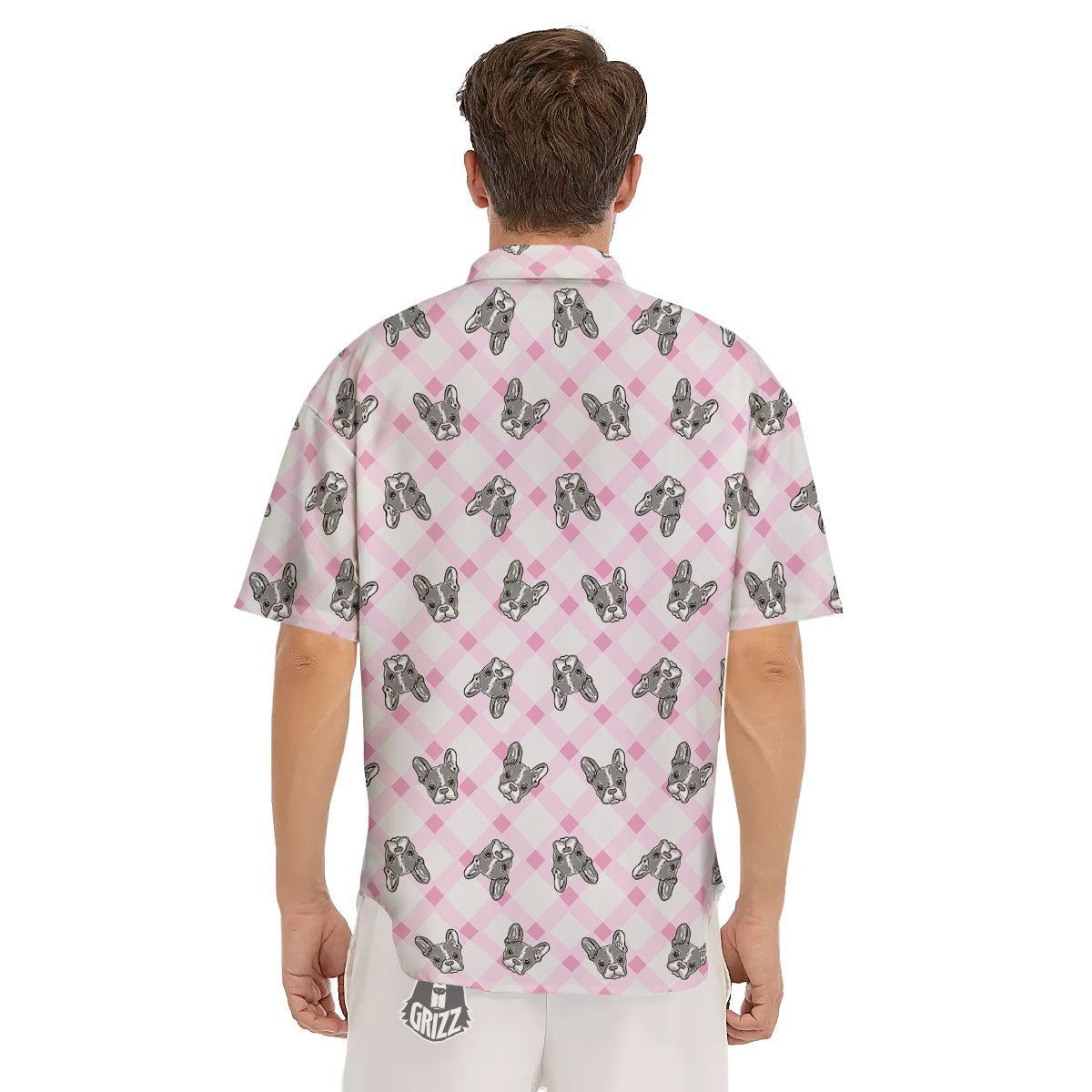 Boston Terrier Pink Plaid Print Pattern Men's Short Sleeve Shirts-grizzshop