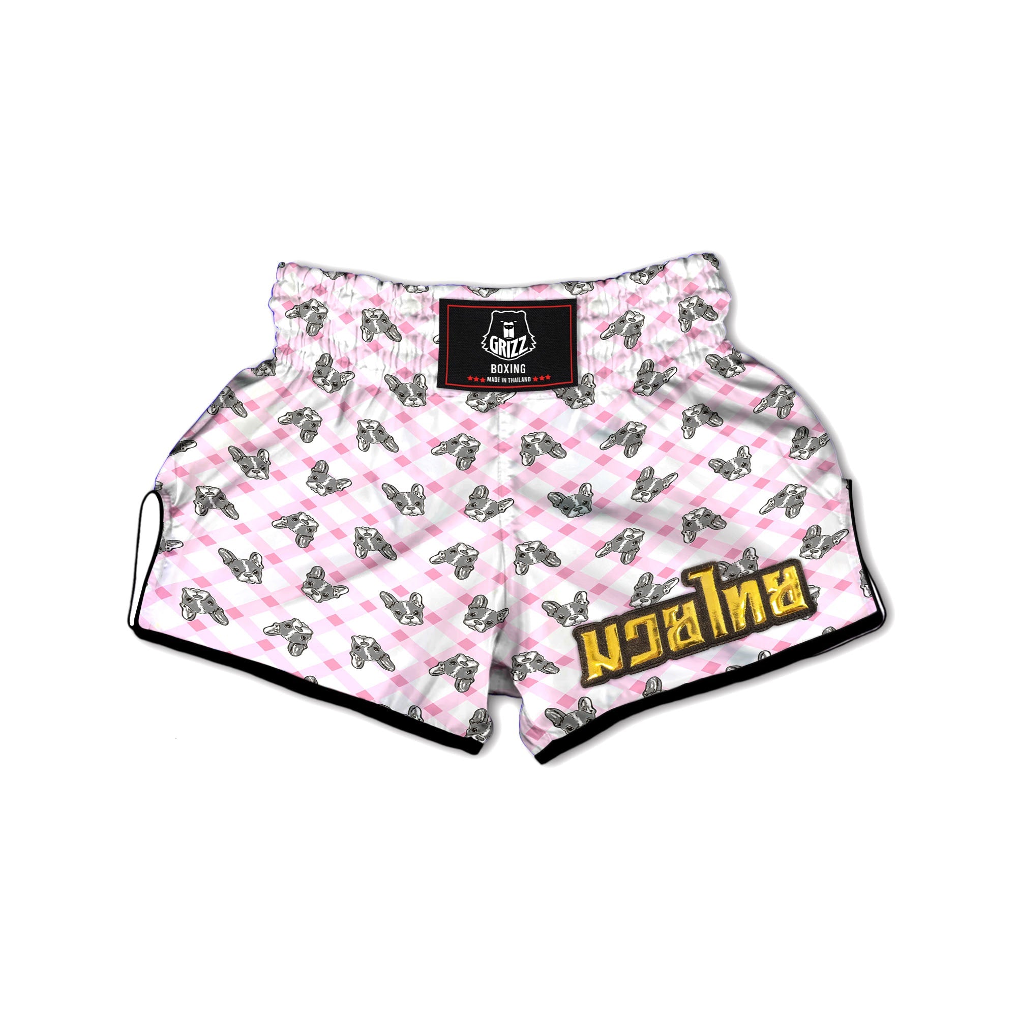 Boston Terrier Pink Plaid Print Pattern Muay Thai Boxing Shorts-grizzshop