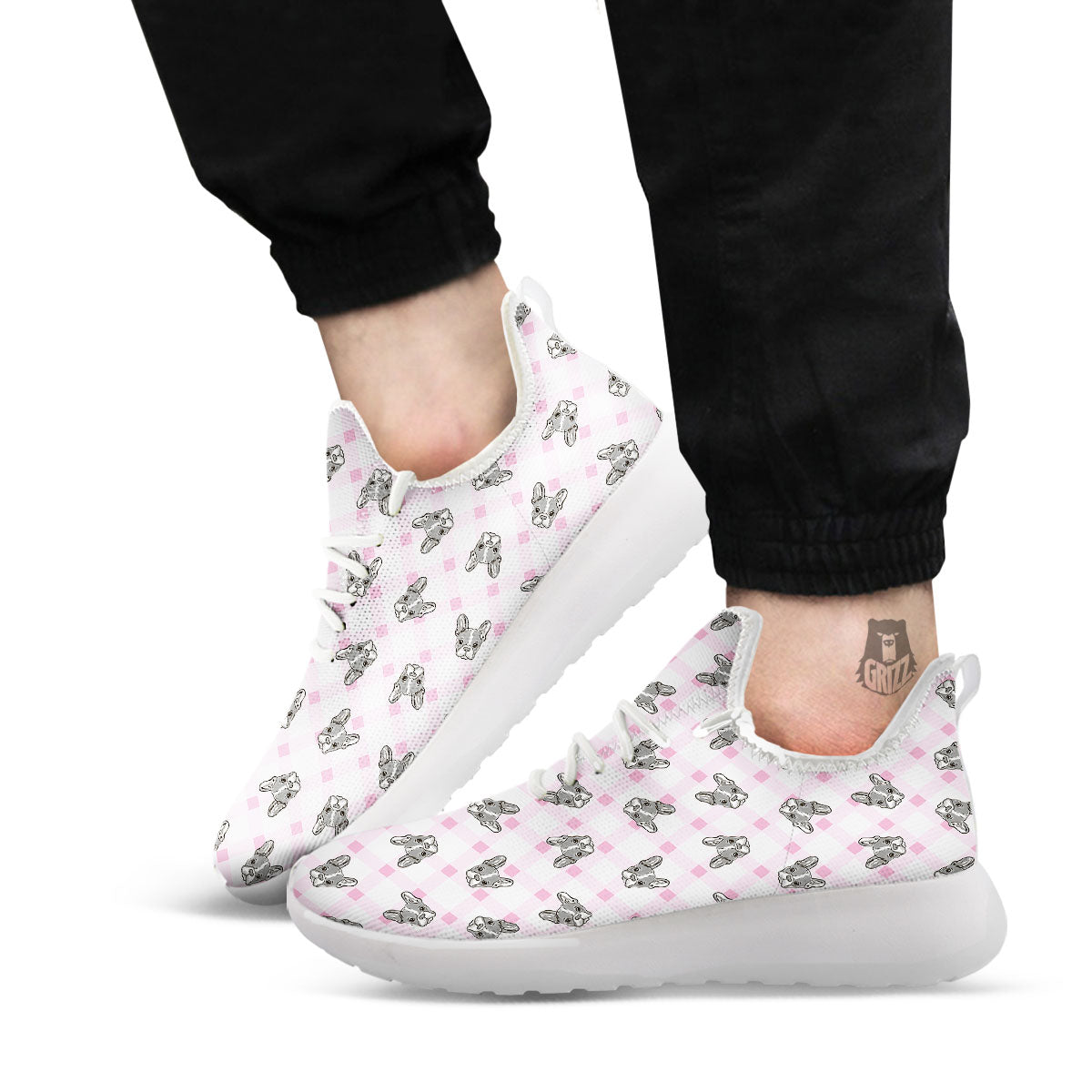 Boston Terrier Pink Plaid Print Pattern White Athletic Shoes-grizzshop