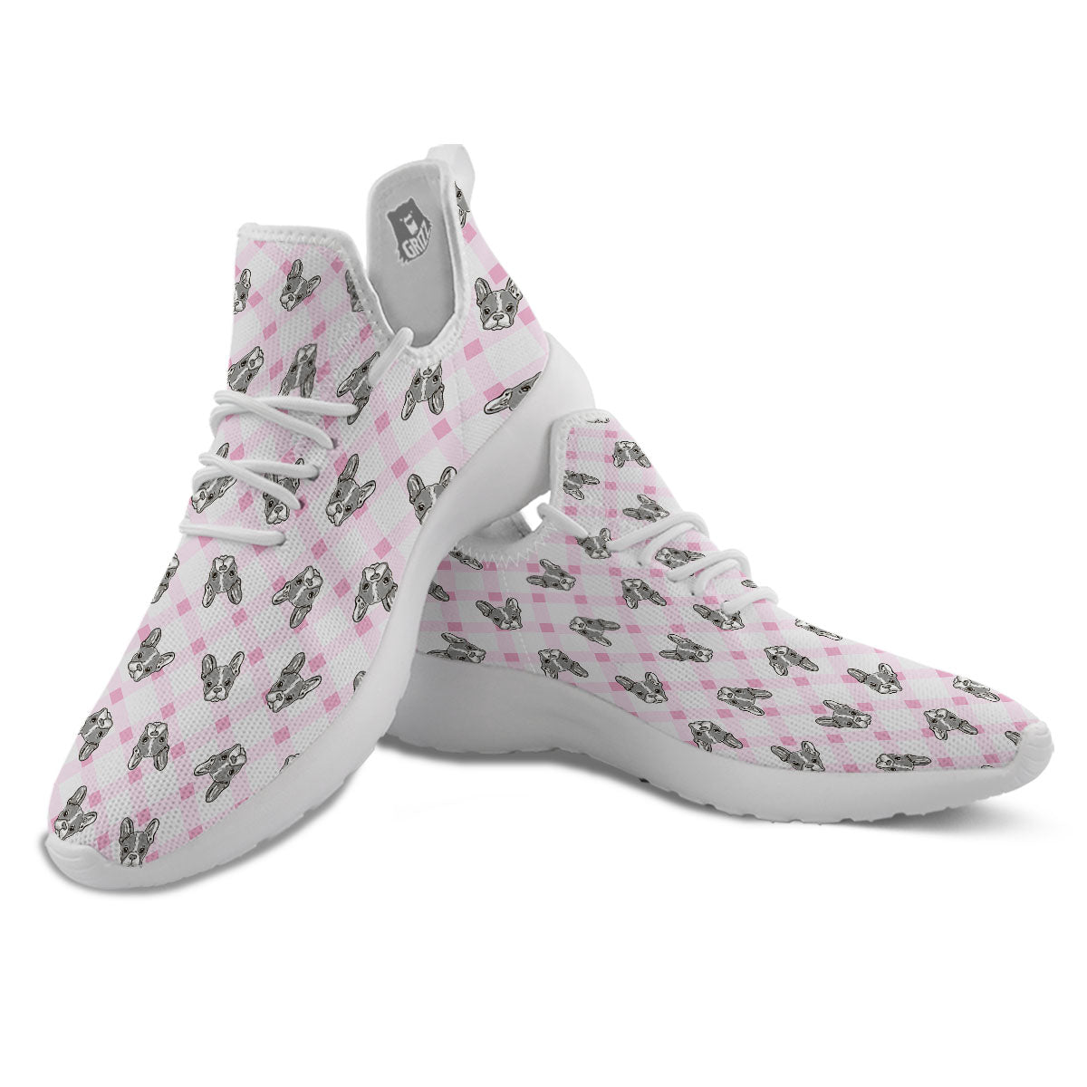 Boston Terrier Pink Plaid Print Pattern White Athletic Shoes-grizzshop